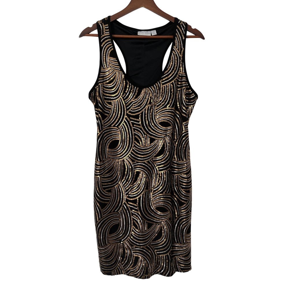 Bisou Bisou Sequin Cocktail Dress US 10 Black Silver Gold Gatsby Art Deco Party